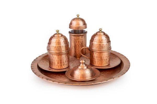 Handygoo İki Kişilik Mat Dövme Bakır Kahve Fincanı Seti