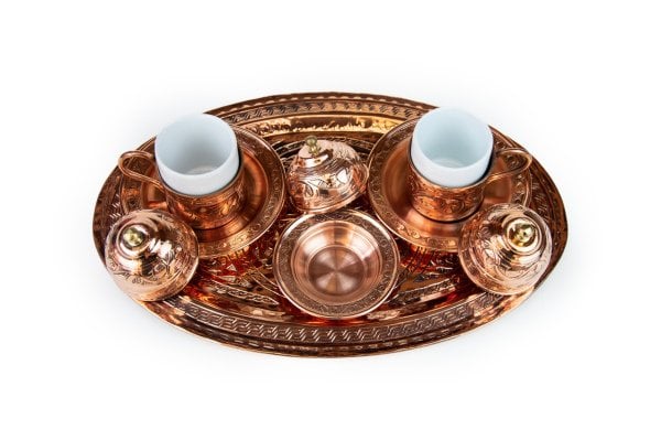 Handygoo İki Kişilik El İşlemesi Bakır Kahve Fincanı Seti