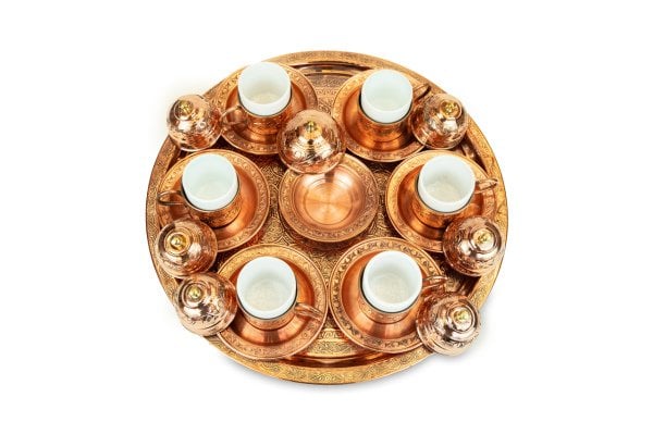 Handygoo Altı Kişilik El İşlemeli Bakır Kahve Fincanı Seti